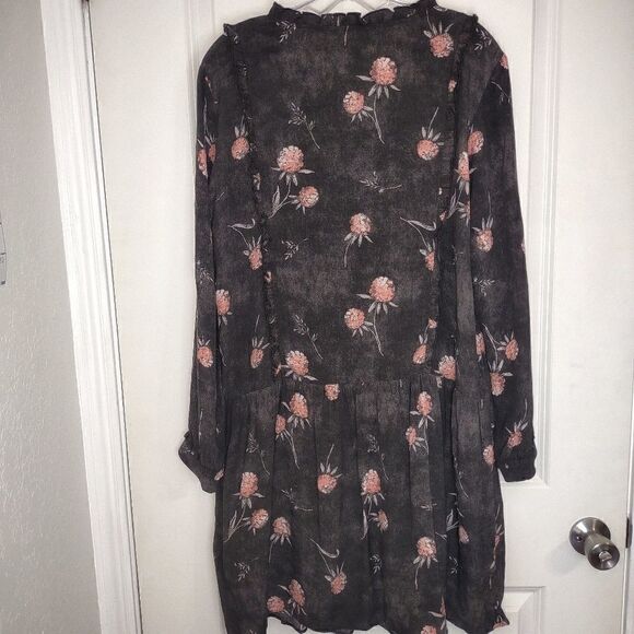 Caslon Black Dress Pink Floral Print LS Scoop Tie Ruffle Accents Drop Waist S - Picture 10 of 13